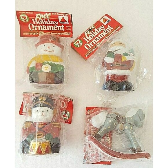 Vintage  Christmas Ornaments Lot Santa Rocking Horse 7 Eleven Citgo Gas Station - Picture 1 of 12